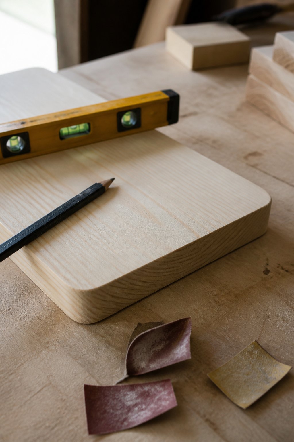 Planche de pin poncée posée sur une table, avec un niveau à bulle, un crayon de menuisier et des chutes de papier abrasif