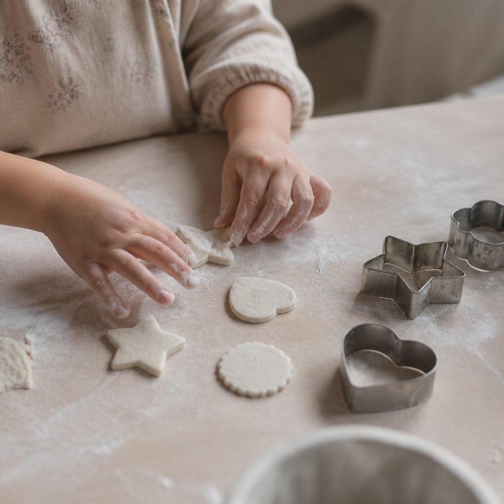 Mains d’enfant façonnant des formes dans de la pâte à sel sur un plan de travail fariné, emporte-pièces posés à côté