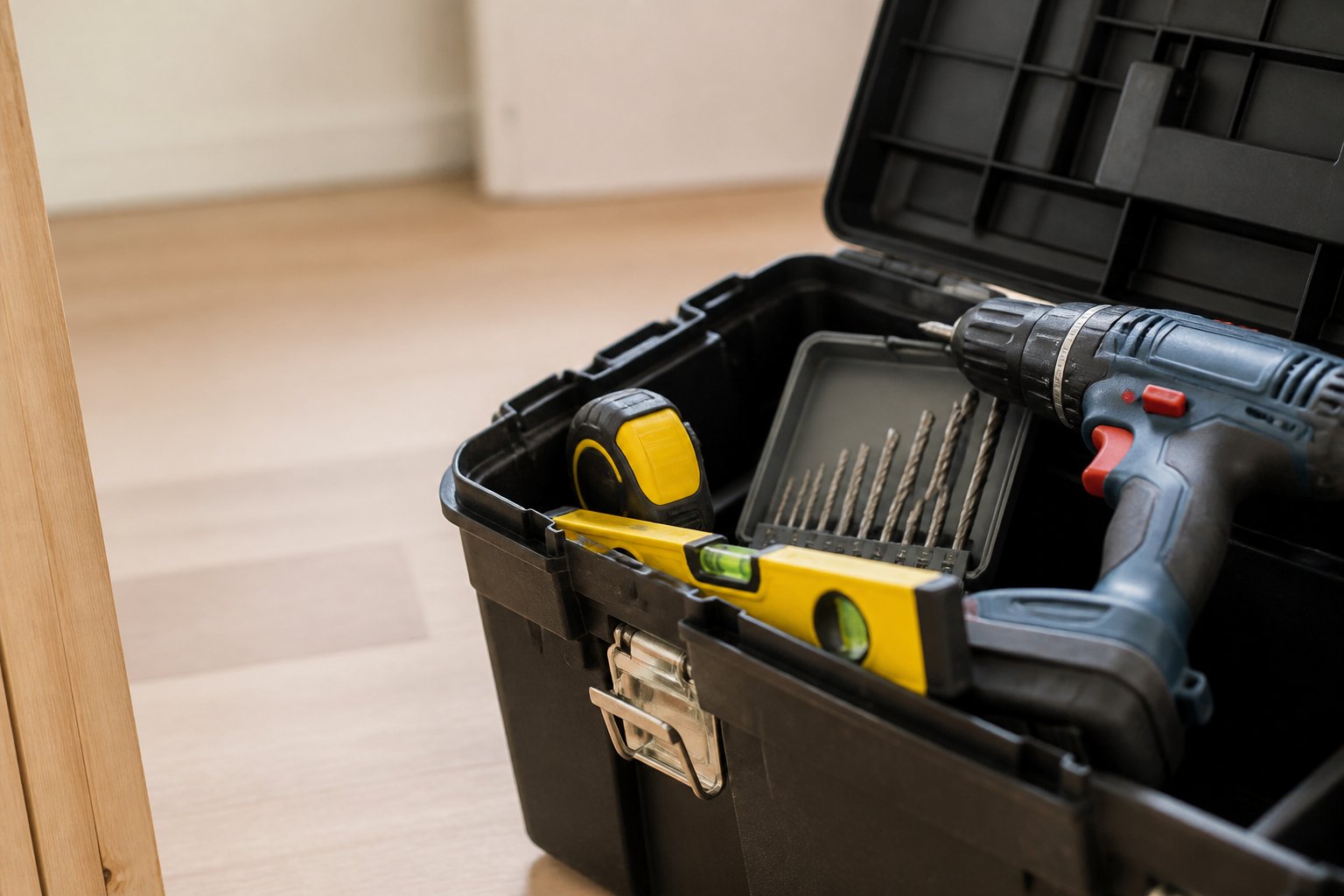 Caisse à outils ouverte contenant une perceuse-visseuse, un mètre ruban, un niveau à bulle et un coffret de forets