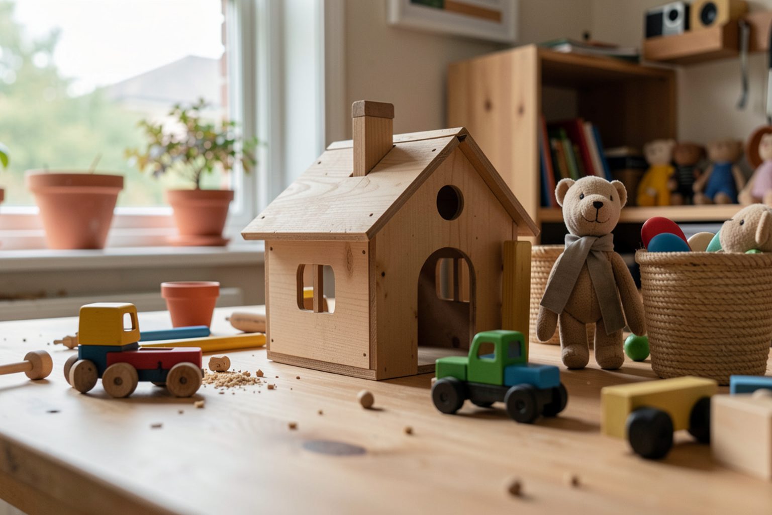 Table de cuisine couverte de rouleaux de carton, de boîtes d’œufs et de bouchons, avec un enfant qui assemble un robot en carton