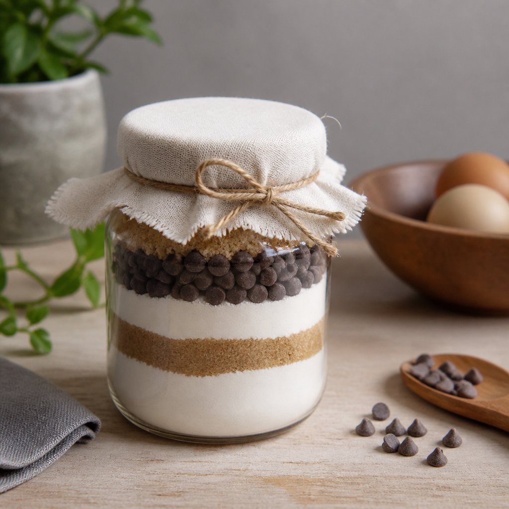 Bocal en verre rempli de couches de farine, de sucre et de pépites de chocolat, fermé par un carré de tissu