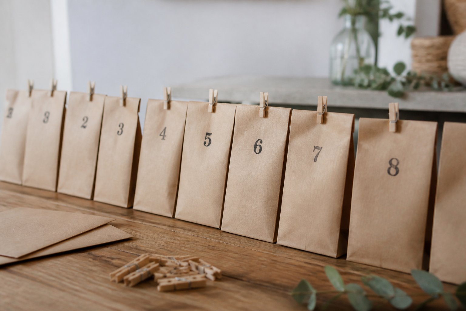 Pochettes en papier kraft alignées sur une table, numérotées au tampon encreur noir