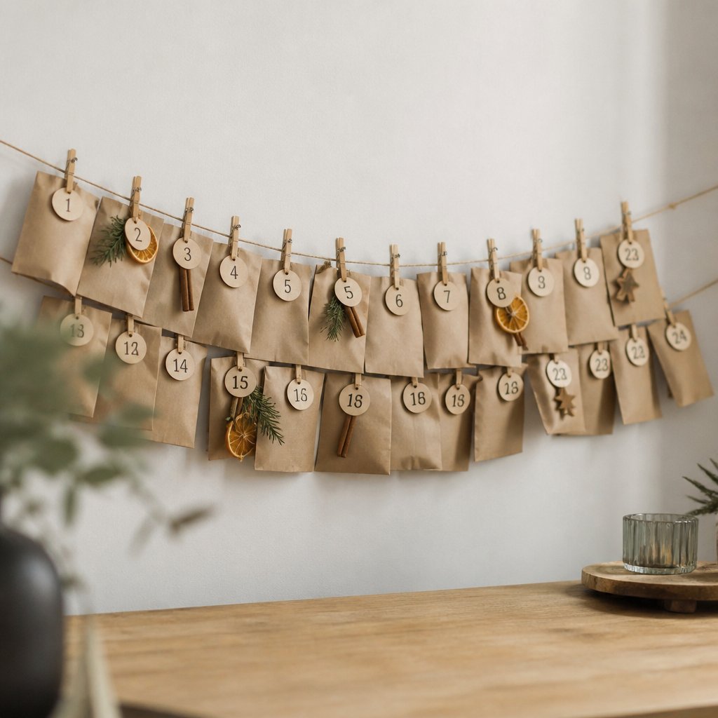 Calendrier de l’avent composé de pochettes en papier kraft numérotées, suspendues à une ficelle tendue