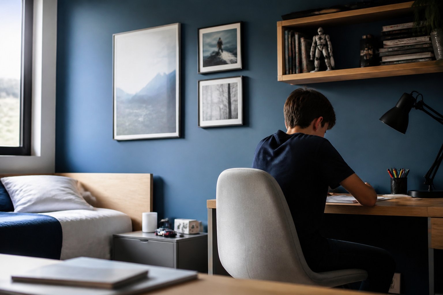 Chambre d’adolescent avec bureau en bois, étagère murale et affiches encadrées sur un mur bleu profond