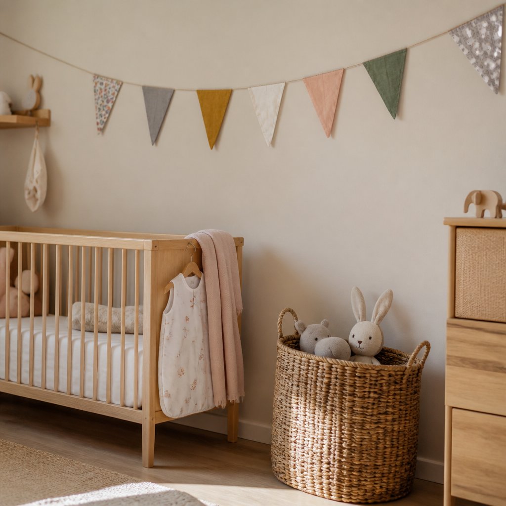 Chambre de bébé aux murs beiges avec mobile en papier suspendu au-dessus du lit à barreaux