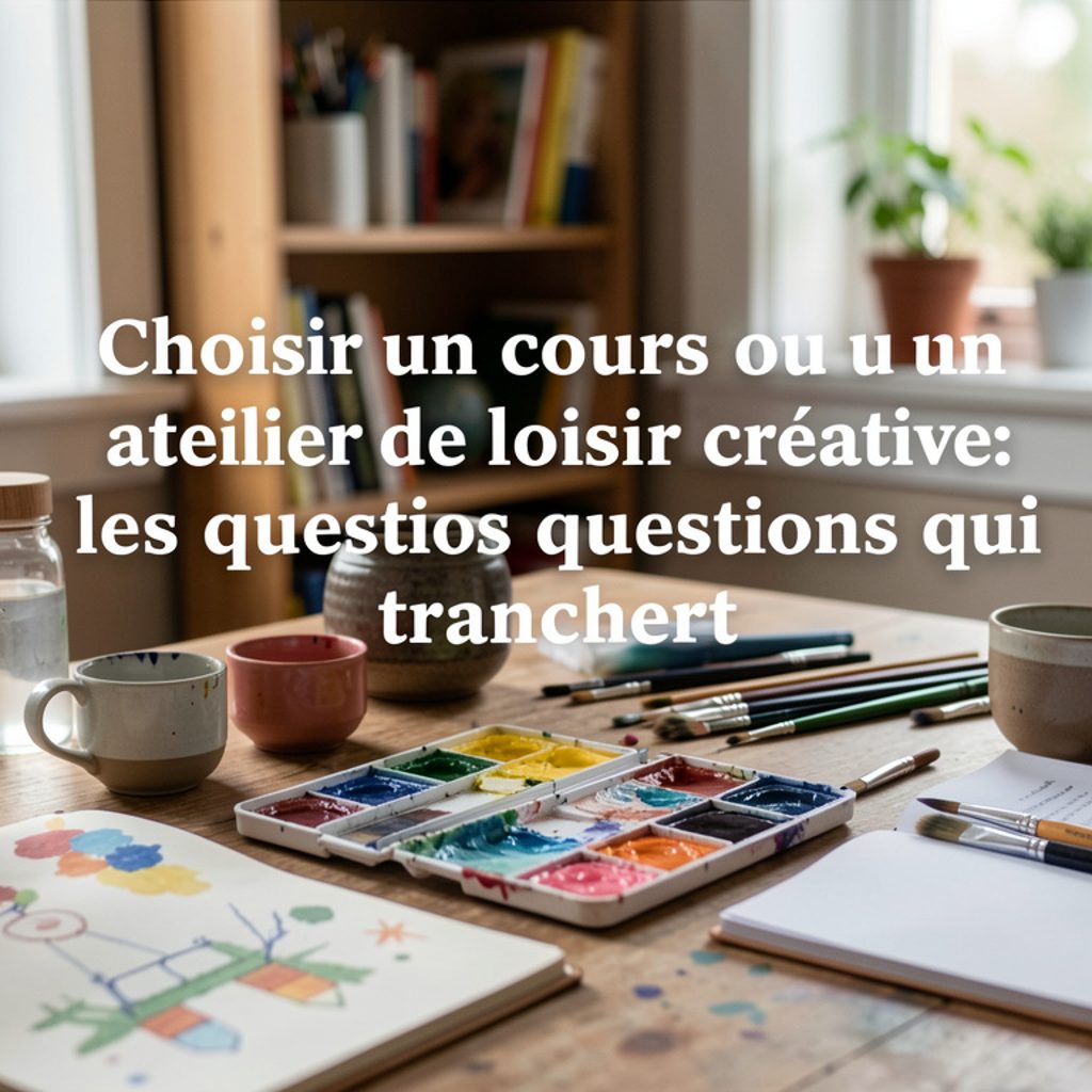Table d’un atelier de loisirs créatifs avec tabliers, pots de pinceaux et matériel de découpe rangés en bacs
