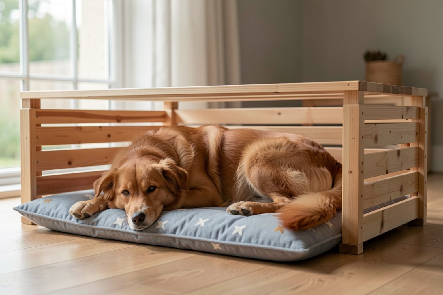 Caisse en bois clair ouverte sur le devant, garnie d’un coussin, dans le renfoncement calme d’un salon
