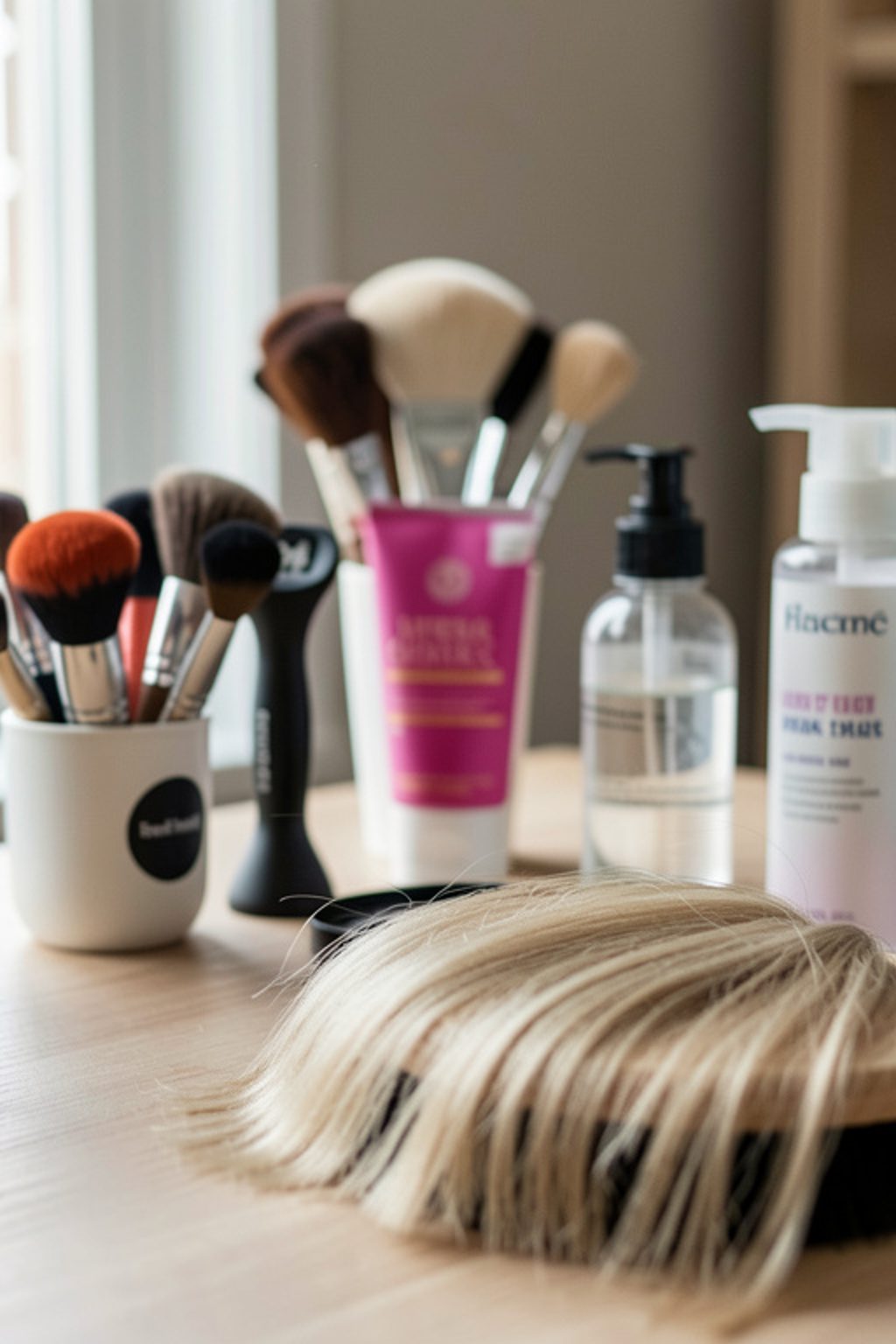 Plan de travail de salle de bain avec un tube de coloration, un bol, un pinceau d’application et des gants près d’un miroir