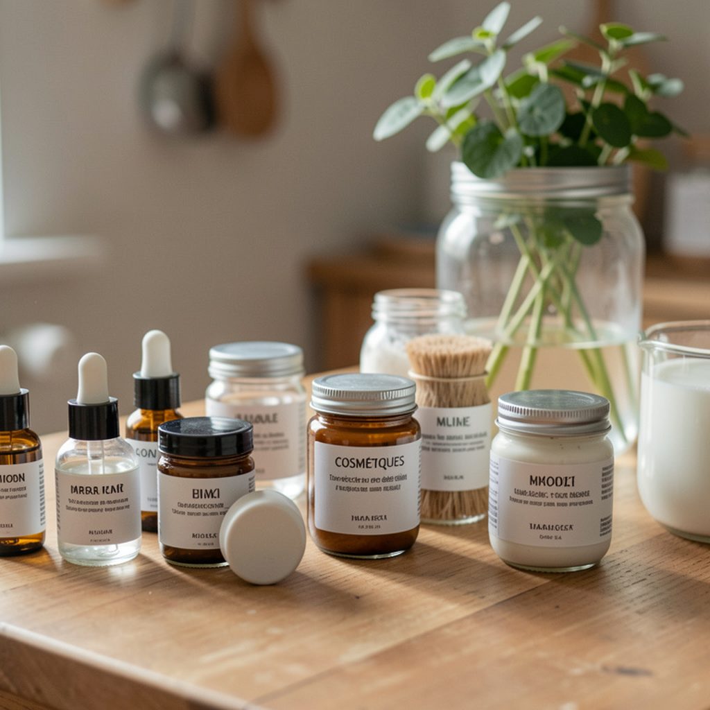 Trois petits pots en verre de baume et de crème faits maison sur une table en bois, à côté d’un bol d’huile végétale