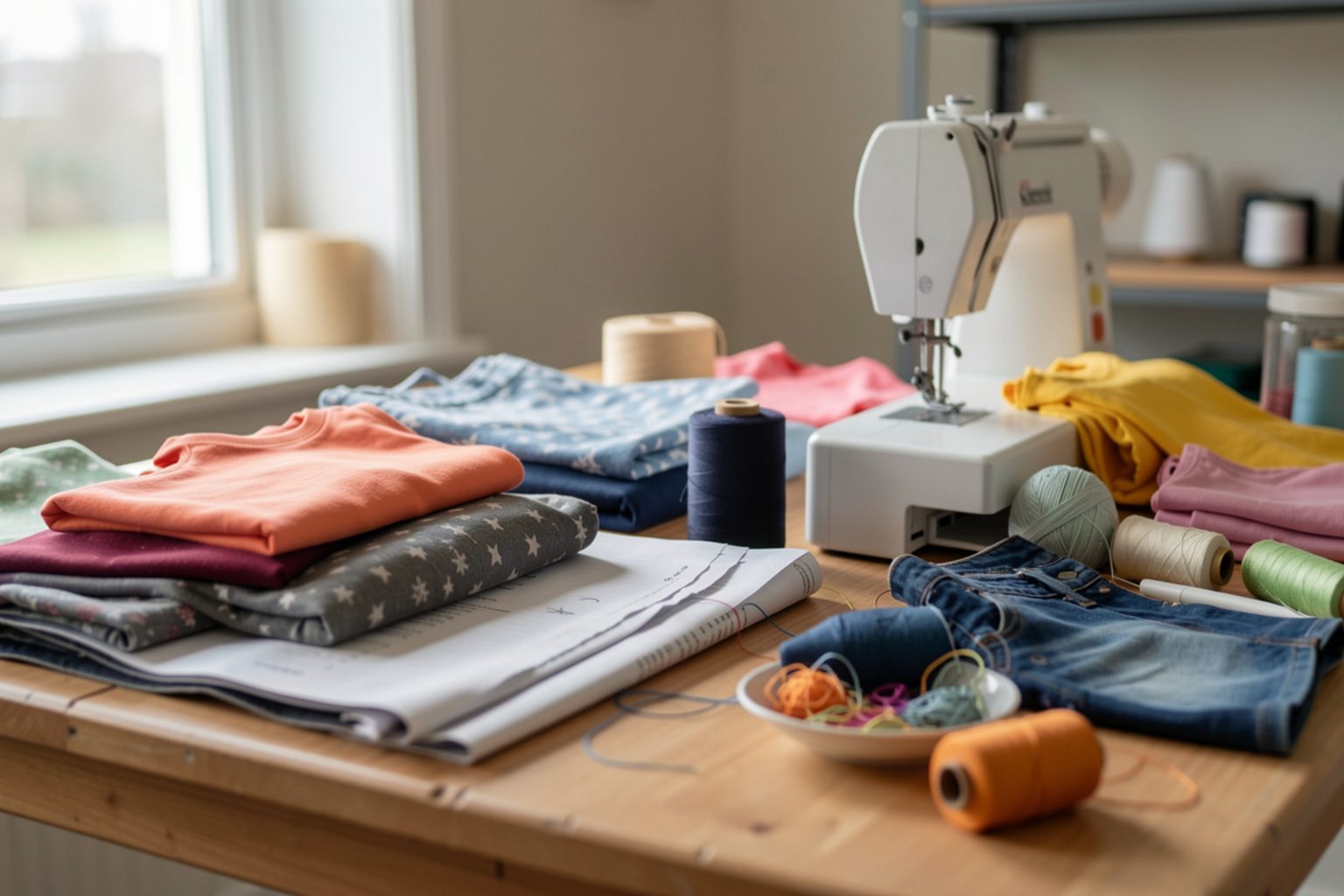 Table de couture avec un ourlet en cours sur un pantalon, une aiguille enfilée et un mètre ruban