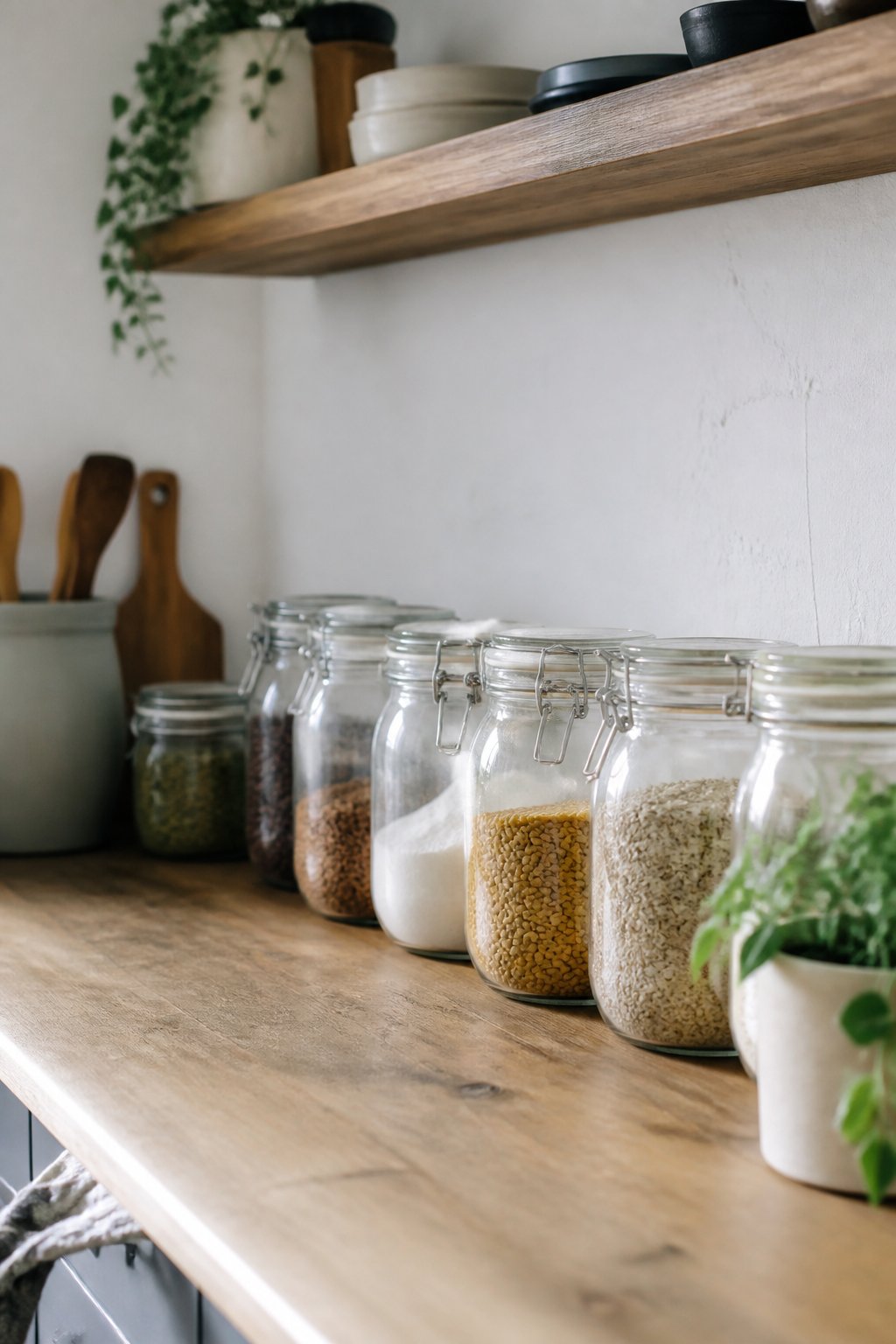 Plan de travail de cuisine avec des bocaux en verre étiquetés alignés sur une planche murale