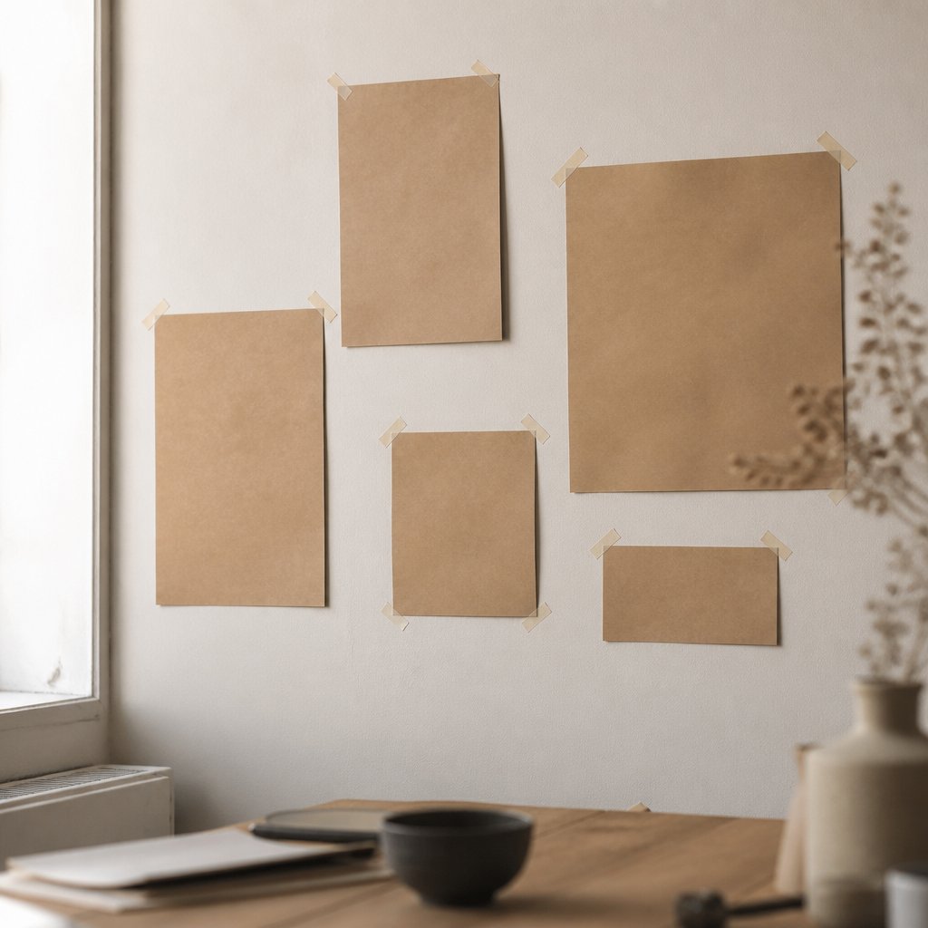 Gabarits de papier kraft découpés aux dimensions des cadres et fixés au mur avec du ruban de masquage