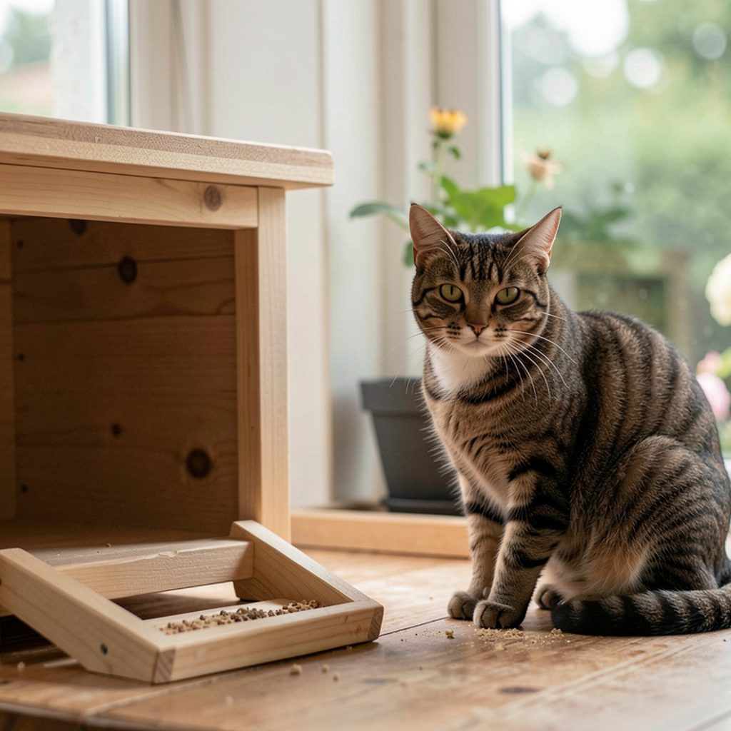 Enclos grillagé en bois adossé à une fenêtre, avec un chat assis sur une étagère à l’intérieur