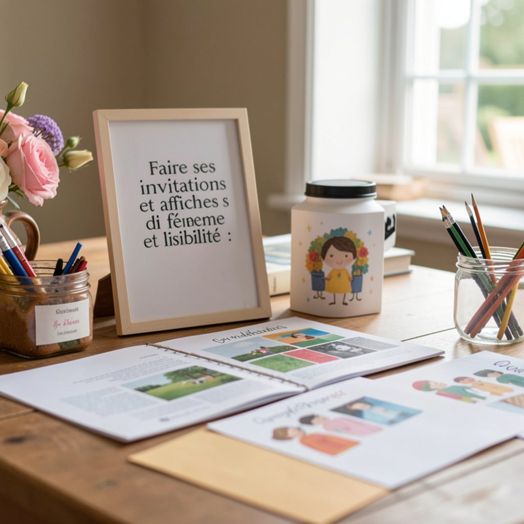 Invitations de fête imprimées à la maison, découpées à la règle sur une table avec du papier épais