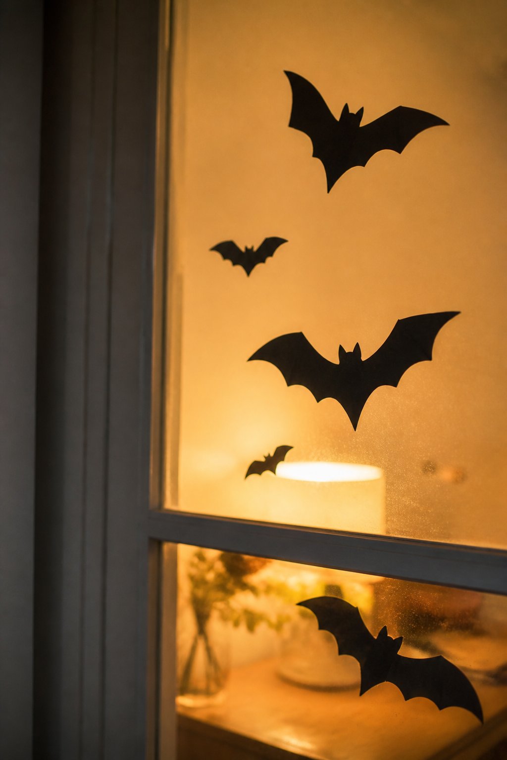 Silhouettes de chauves-souris en papier noir collées sur une vitre éclairée de l’intérieur