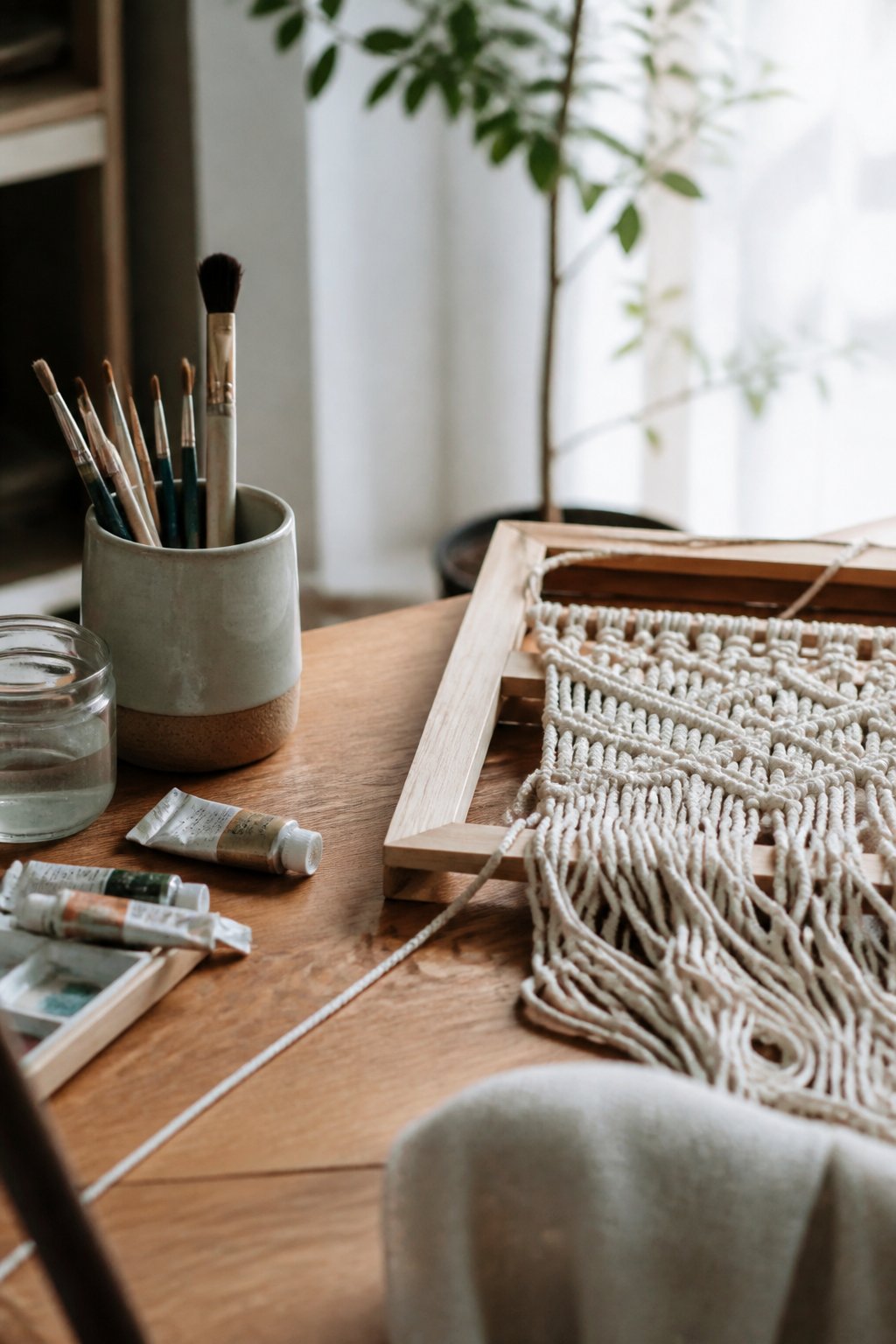 Coin d’atelier domestique avec un cadre de macramé en cours, des tubes d’aquarelle et un pot de pinceaux