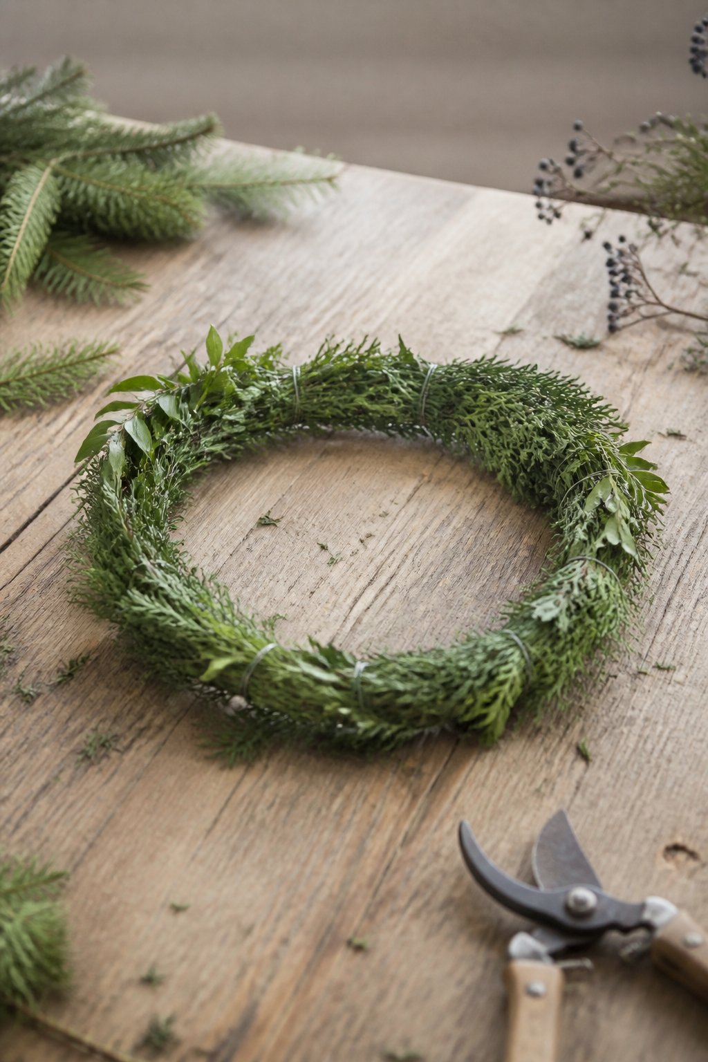 Couronne de branchages verts assemblée au fil de fer, posée à plat sur une table en bois avec un sécateur
