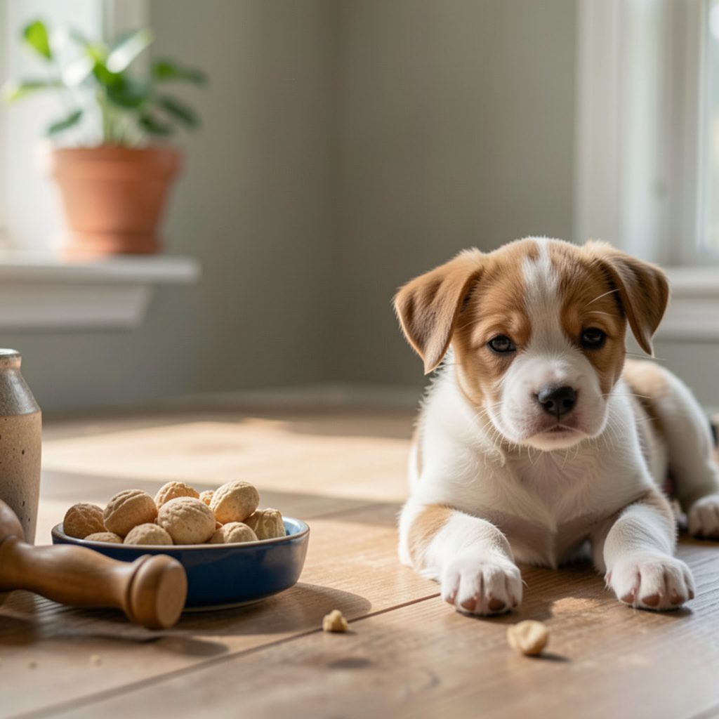 Entrée de maison préparée pour un chiot, avec barrière au bas de l’escalier, gamelles et caisse ouverte garnie d’un plaid