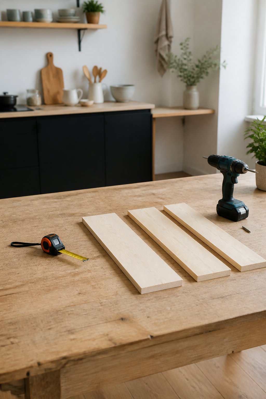 Table de cuisine transformée en établi, avec un mètre ruban, une visseuse et trois planches de pin posées côte à côte