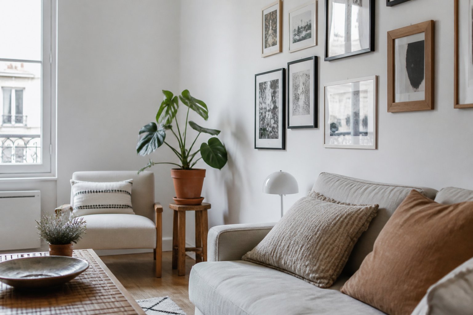 Salon clair meublé simplement, avec un mur habillé de cadres et une plante posée sur un tabouret en bois