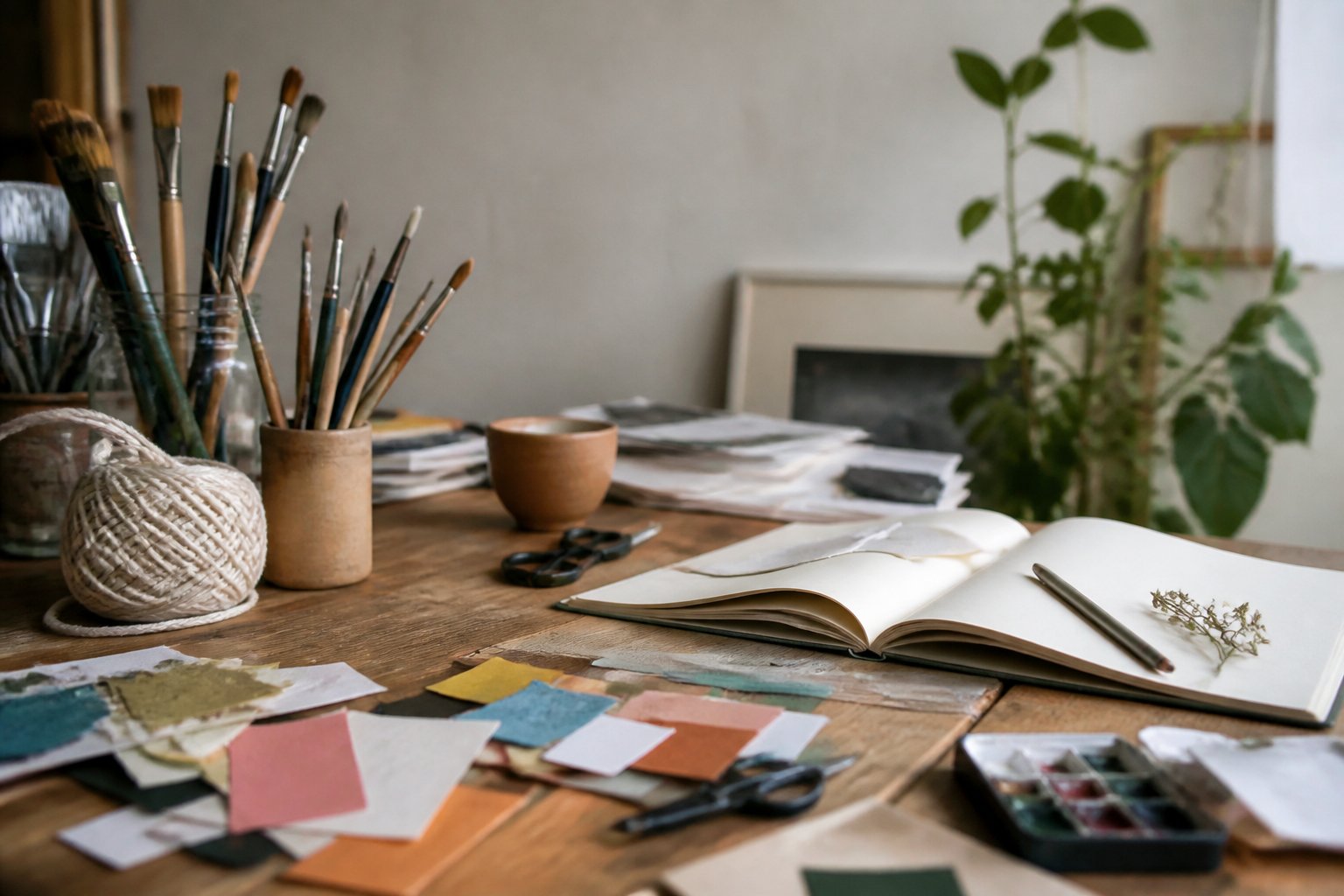 Table de travail en bois couverte de pinceaux, de chutes de papier coloré, d’une pelote de coton et d’un carnet ouvert
