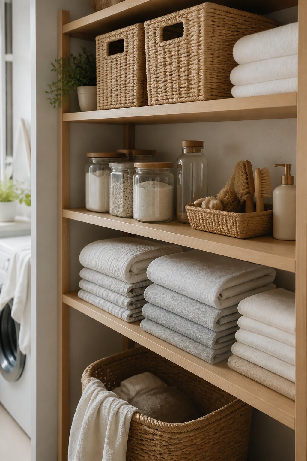 Étagère de buanderie avec des paniers en fibre étiquetés, des bocaux et du linge plié en piles régulières