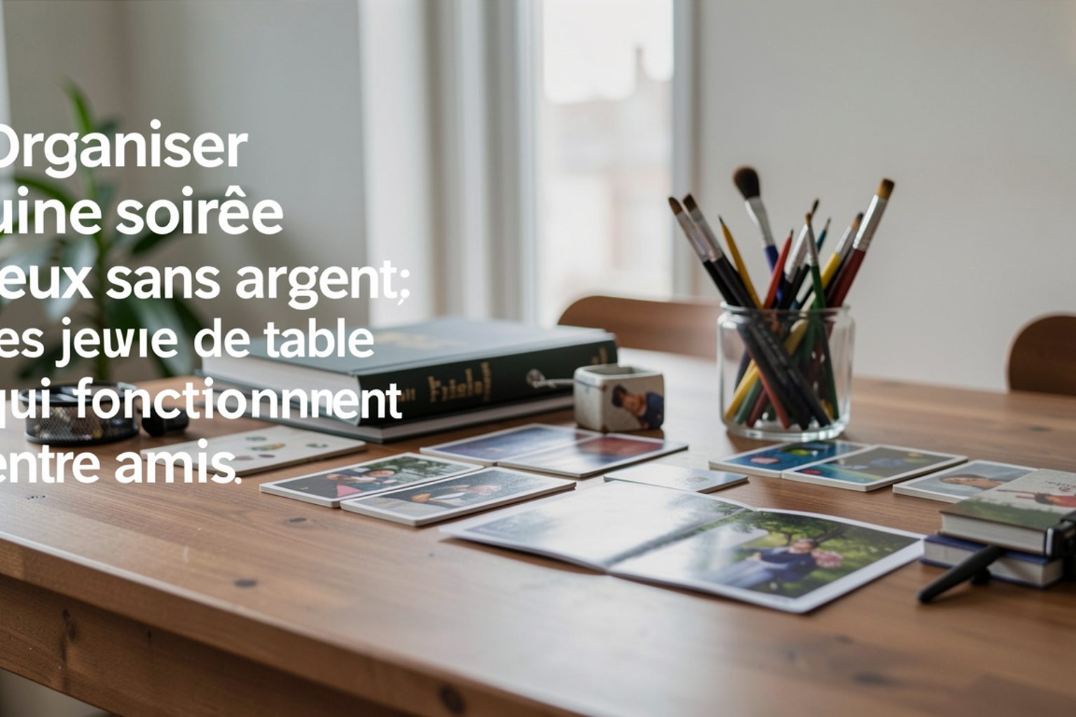 Table de salon dégagée avec un jeu de cartes, des dés et des verres posés pour une soirée entre amis