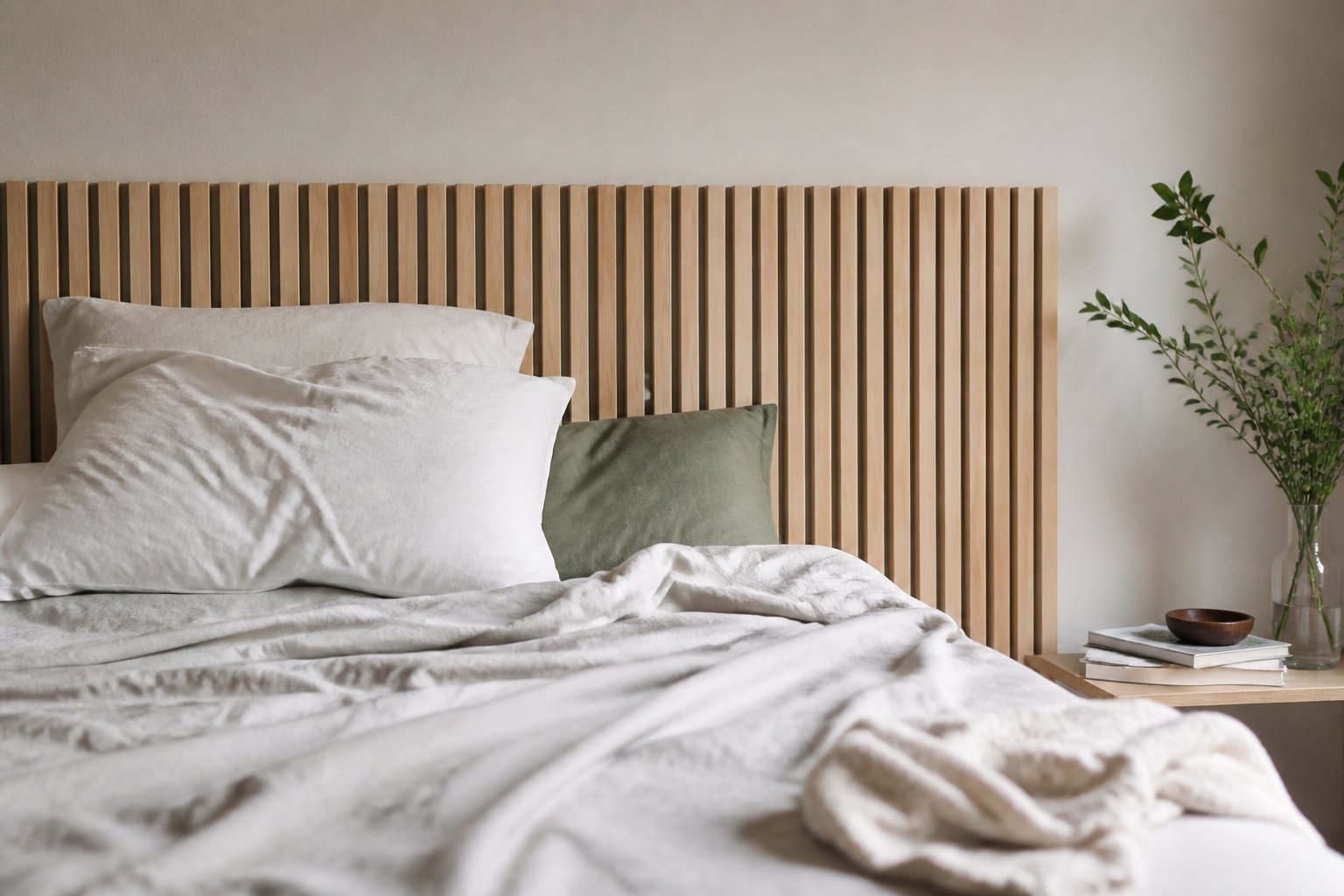 Tête de lit en lattes de bois clair posée derrière un lit double aux draps froissés
