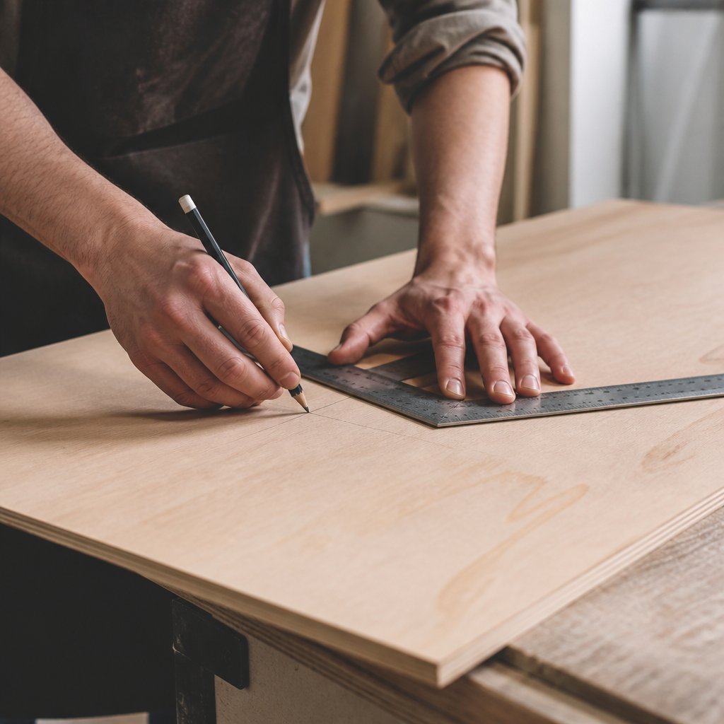 Mains traçant un trait de coupe au crayon sur une planche de contreplaqué à l’aide d’une équerre