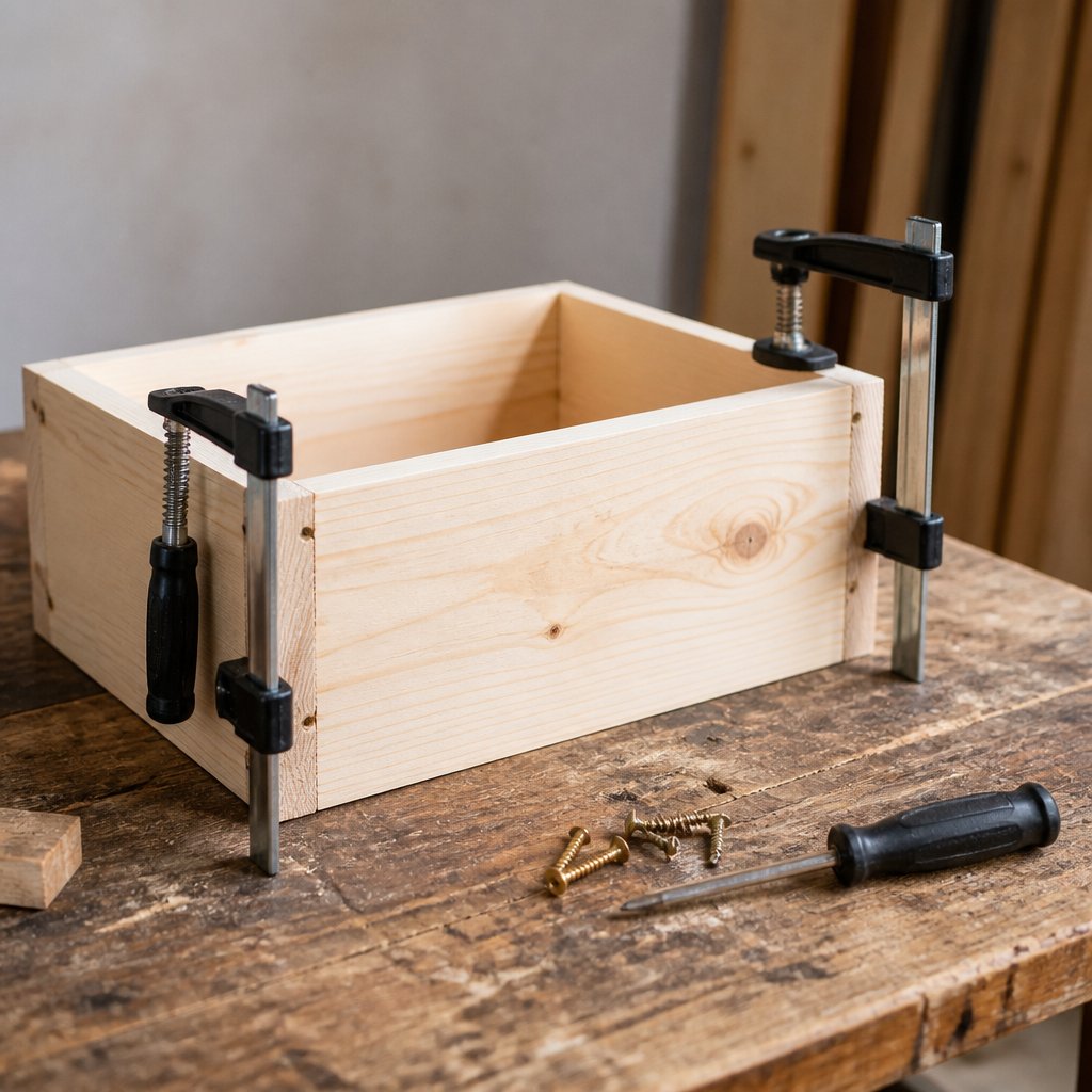 Caisse en bois de pin en cours de montage, maintenue par deux serre-joints, avec des vis et un tournevis posés à côté